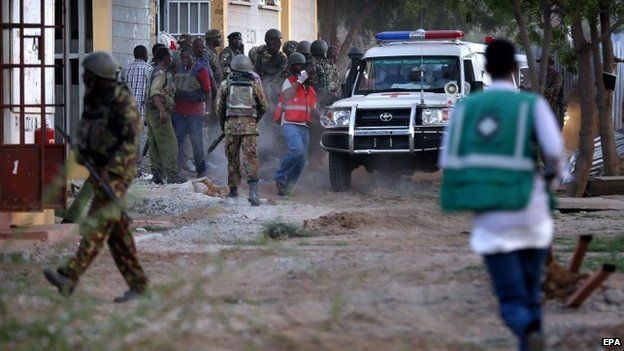 Students evacuate the Garissa University campus. Photo Courtesy of BBC NEWS.