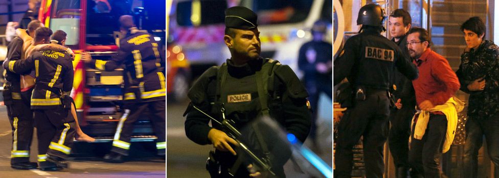 Images of Emergency Personnel responding to Paris attacks. Photos Courtesy of BBC NEWS.