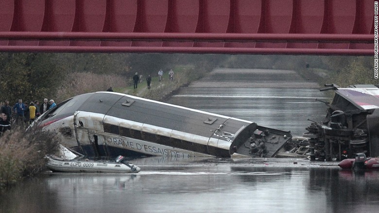 High speed train derails and crashes into canal in France during a test drive. November 2015. Image Courtesy of cnn.com.